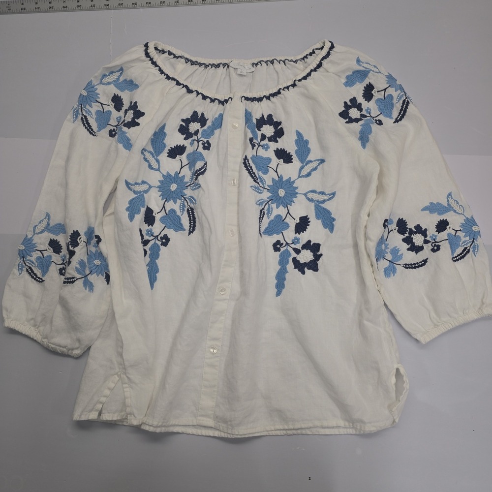 Charter Club Women White 100% Linen Blue Floral Embroidered Peasant Top Large